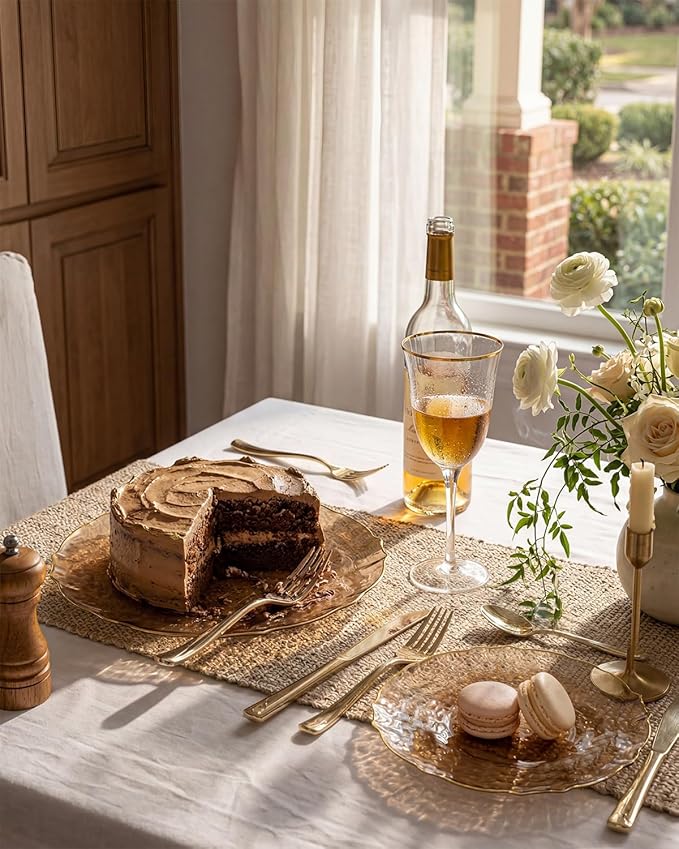 bUCLA 40PCS Brown Plastic Plates - Hammered Brown Plates with Gold Lace-Edge - Include 20 Each (10inch Dinner & 7inch Dessert) for Party & Daily Use