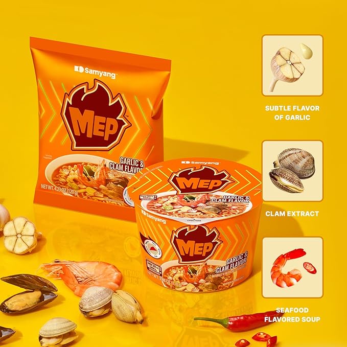 Samyang MEP Garlic Clam Ramen, Spicy Korean Instant Noodle Soup, ENHYPEN Pick, Refreshing Seafood Bone Broth Ramyeon, 3.88 oz (Pack of 4)