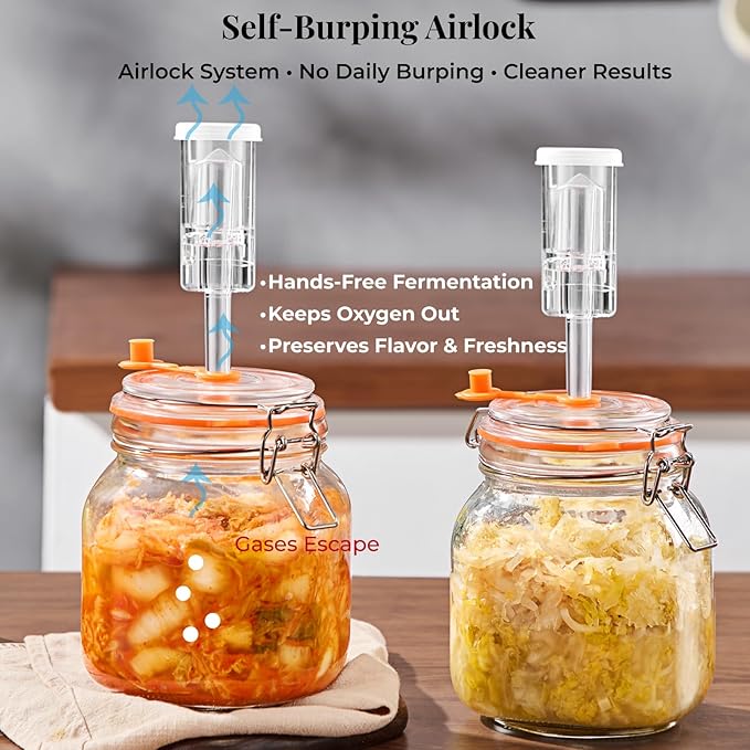 1L Fermentation Jar Kit (2 Pack) with Airlock & Glass Weight, Wide Mouth Fermenting Jar for Sauerkraut, Kimchi & Pickles, No Burping Required