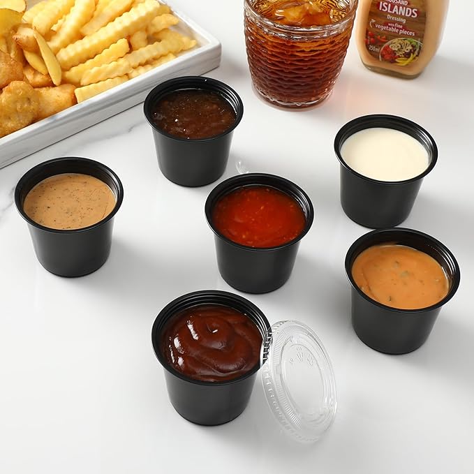 AOZITA 120-5.5 oz Black Portion Cups, Small Plastic Containers with Lids, Airtight and Stackable Souffle Cups, Salad Dressing Container, Sauce Cups, Condiment Cups for Lunch, Party to Go, Trips