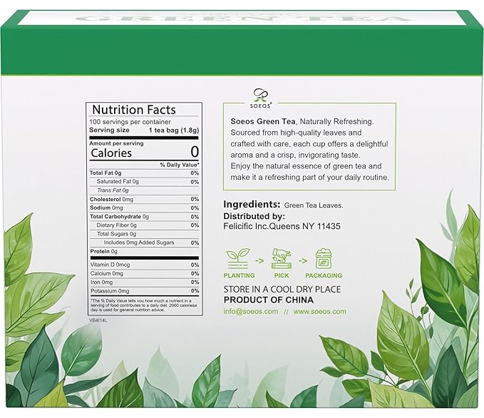 Soeos Green Tea, 6.3 oz (180g), 100 Tea Bags, Refreshing and Fragrant, Sustainably Sourced, Ideal for Hot or Iced Tea, Long-Lasting Freshness