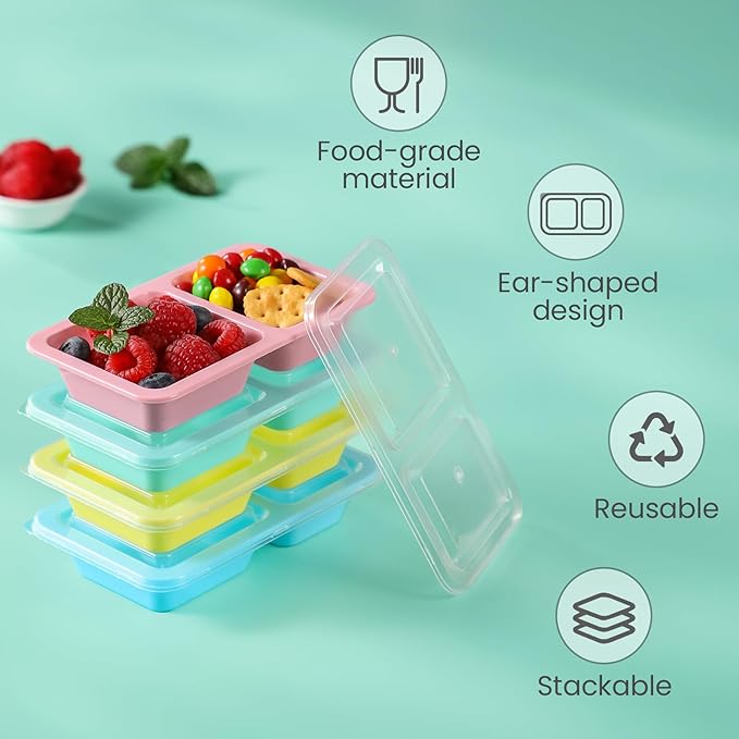 8 Pack 5OZ Reusable Snack Containers, Multicolor Double Compartment Condiment Containers with Clear Lids, Portable Salad Dressing Cups, Leakproof Lunch Boxes for Outdoor, Travel, Work(4 Color)