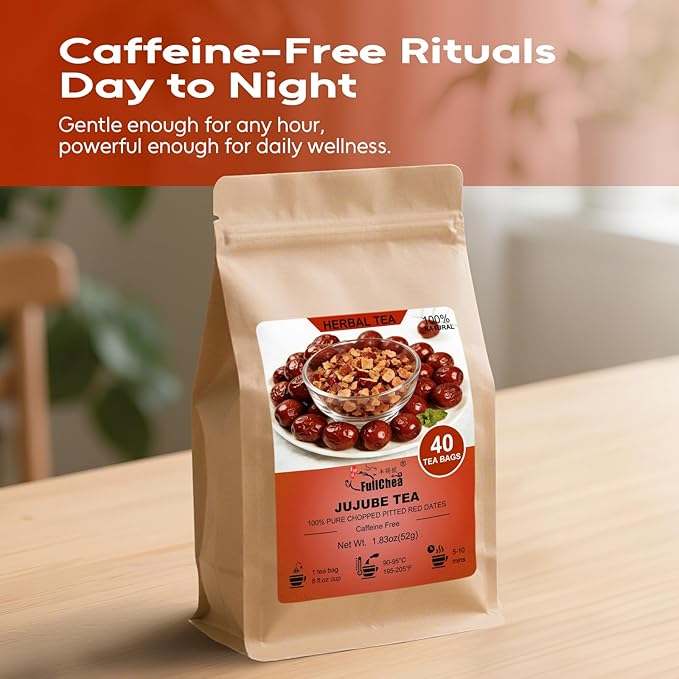 FullChea - Jujube Tea, 40 Teabags – Premium Pitted Jujube Dates Tea Bags – Non-GMO - Caffeine-Free – Naturally Sweet, Smooth and Gently Nourishing – Traditionally Used for Calm Evenings