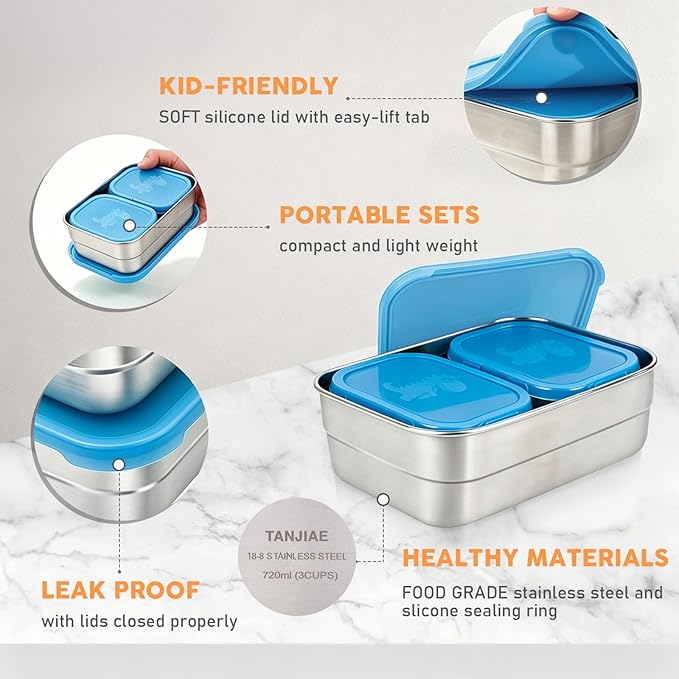 Tanjiae 3 CUP+1 CUP Stainless Steel Lunch Snack Containers Set | Leak Proof 304 Stainless Steel Food Containers with Silicone Lids - Perfect Metal Lunch Box for Home and Travel (25oz+8oz*2)