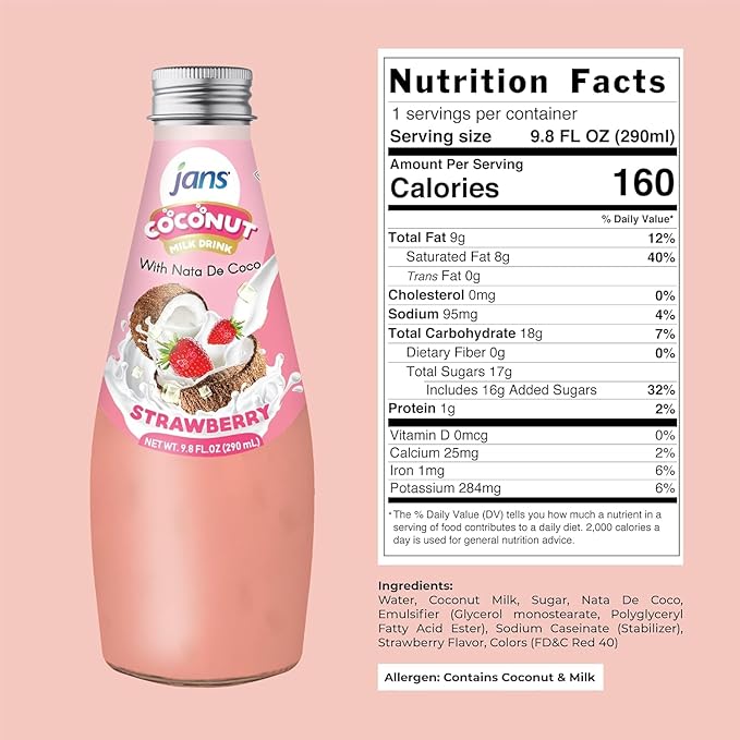 JANS - COCONUT MILK DRINK (with NATA DE COCO) STRAWBERRY 9.8 OZ (Pack of 6, Strawberry)