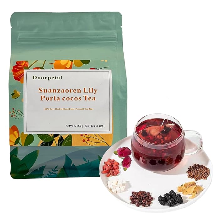 100% Pure Herbal Blend Plant-Pyramid Tea Bags （A pack of 30 bags）5.29oz/150g，Caffeine Free, Gluten Free,Resealable Ziplock Pouch (Suanzaoren Lily Poria cocos)