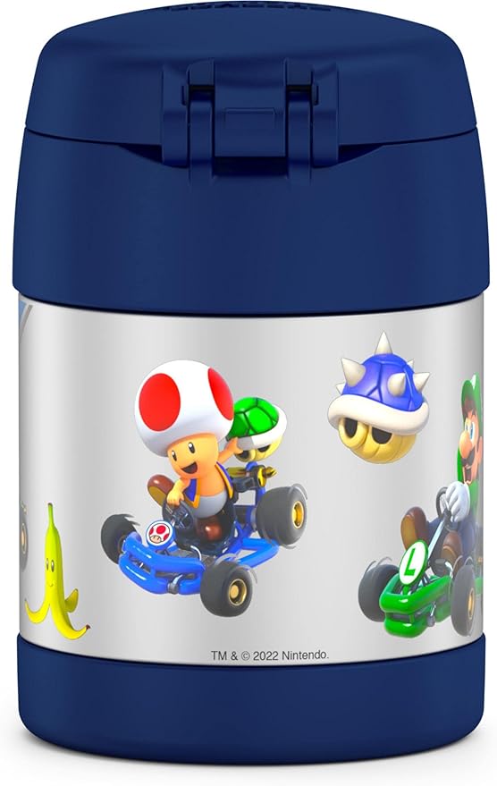 THERMOS FUNTAINER Insulated Food Jar, 10 Ounce, Kid Friendly Food Jar with Foldable Spoon, Mario Kart