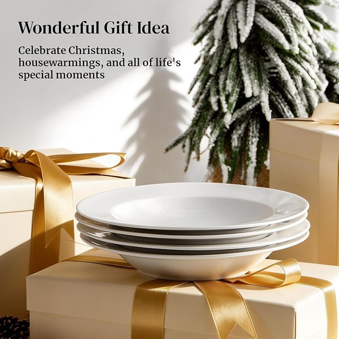 DOWAN Soup and Pasta Bowls Set of 4, White Porcelain Wide Rim Salad Plates, 8 Ounces Pasta Plate, Microwave & Dishwasher Safe
