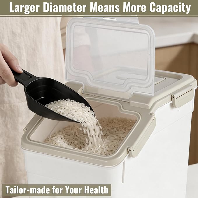 2 Pack Rice Container 25 lbs Large Bulk Flour Sugar Storage Holdhouse Plastic Grain Cereal Dry Goods Bin with Spoon and Measuring Cup for Kitchen Pantry Organization - Grey