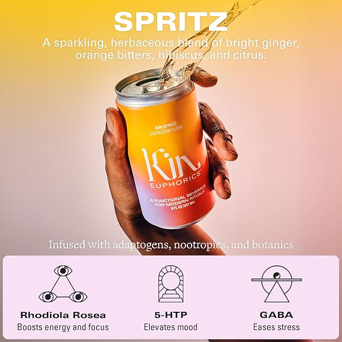 Full Kin Kit by Kin Euphorics, Non Alcoholic Spirits, Adaptogen Drinks, 16 8 Fl Oz Cans (Kin Spritz, Kin Bloom, Actual Sunshine, Lightwave), 2 x 16.9 Fl Oz Bottles (High Rhode, Dream Light)