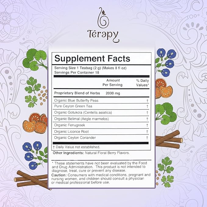 Térapy Ceylon Youthful Glow Tea Bags – Blue Butterfly Pea, Gotu Kola & Licorice Root Blend | Traditional Ayurvedic Herbal Tea Supporting Collagen for Skin & Hair Wellness | 18 Count
