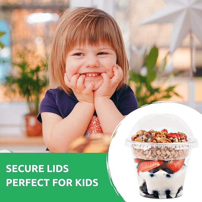 Aatriet 9 oz Clear Plastic Parfait Cups with Insert and Dome Lids No Hole - (50 Sets) Yogurt Fruit Parfait Cups for Kids, for Dips and Veggies, Take Away Breakfast and Snacks. No Leaking