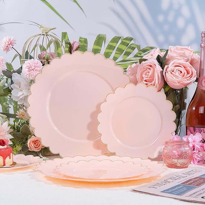 LIYH 120 Pcs Pink Plastic Plates Disposable Set Includes 60 Dinner Plate 10.25" & 60 Dessert Plate 7.5" with Elegant Gold Rim for Party Birthday Baby Shower