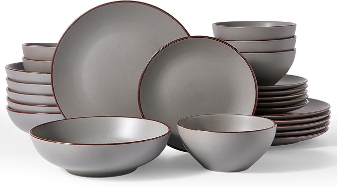 Famiware Venus Stoneware Dinnerware Set with Pasta Bowls for 6, 24-Piece Speckled Plates and Bowls with Trim, Matte Dark Gray - Chip‑Resistant Dishes for Everyday/Formal Use, Microwave/Dishwasher Safe