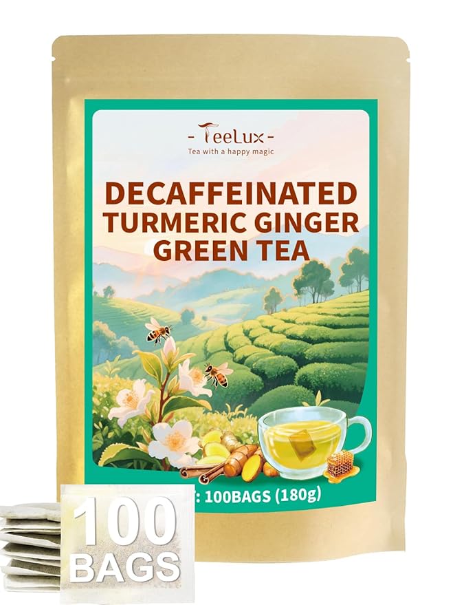 TeeLux Ginger Turmeric Decaf Green Tea, Smooth Decaffeinated Green Tea with Spicy Ginger, Earthy Turmeric & Sweet Honey Aroma, 100 Count, Hot & Iced Tea
