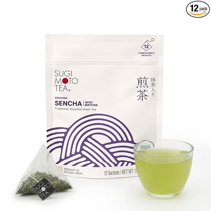 SUGIMOTO TEA Japanese Organic Sencha with Matcha Green Tea Bags 12 Count