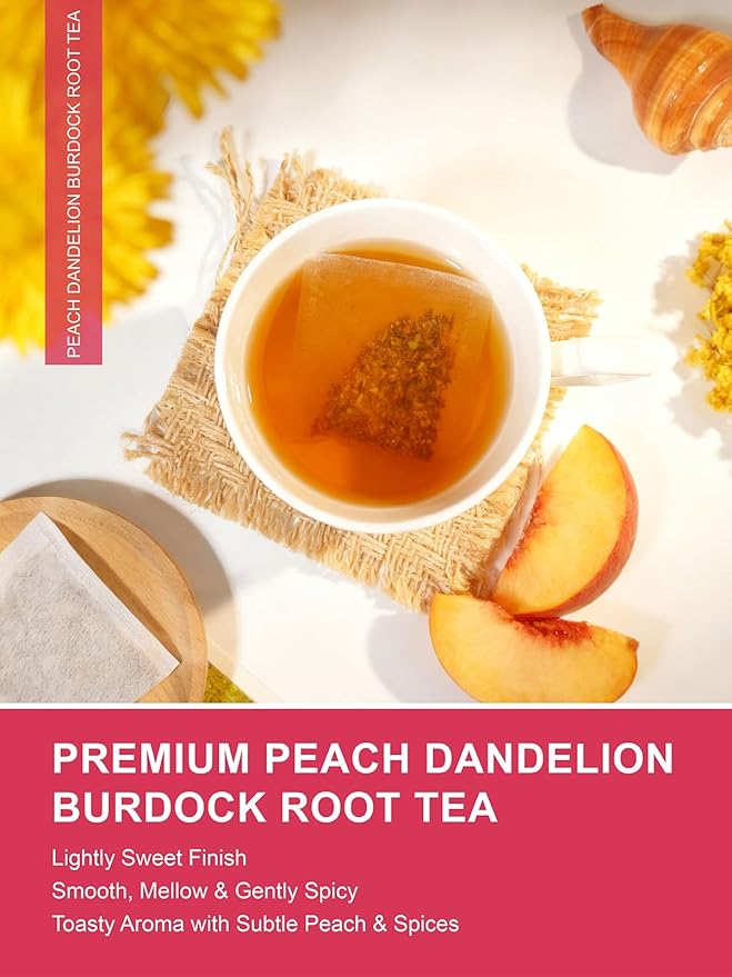 TeeLux Peach Dandelion Burdock Root Tea Bags, Sweet Cinnamon with Zesty Ginger & Toasty Roasted Dandelion Root, Caffeine Free, 100 Count
