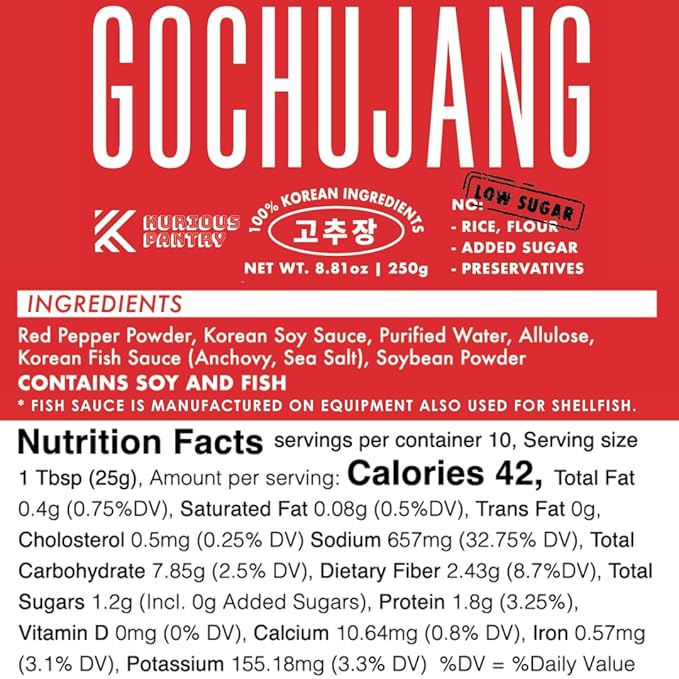 K Kurious Pantry Gochujang, Korean Red Chili Paste, Sauce, Condiment, No Flour, No Added Sugar, No Preservatives, 8.81oz