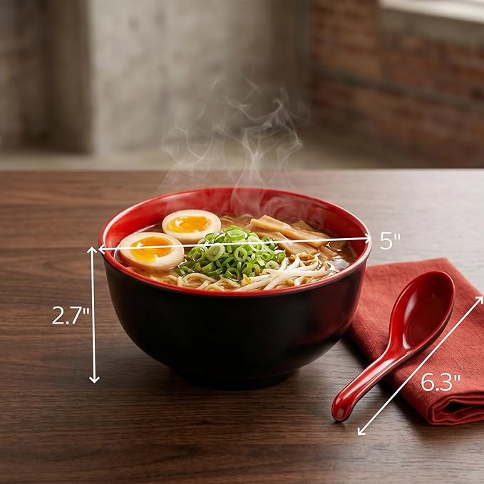 Lyellfe Set of 10 Miso Soup Bowl with Spoon, Restaurant Quality Melamine Cereal Rice Bowl, 16 Oz Unbreakable Japanese Dinnerware for Ramen, Udon Noodle, Dishwasher Safe