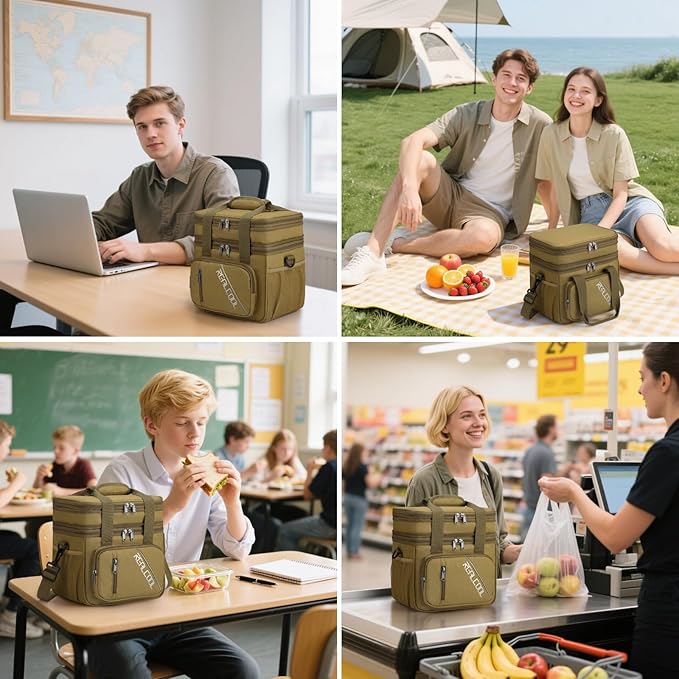 RealCool Lunch Bag, Insulated Lunch Box for Men Women, Double Deck Leakproof Soft Cooler Bag with Adjustable Strap, Reusable Lunchbox for Work, Travel, Camping (Khaki)