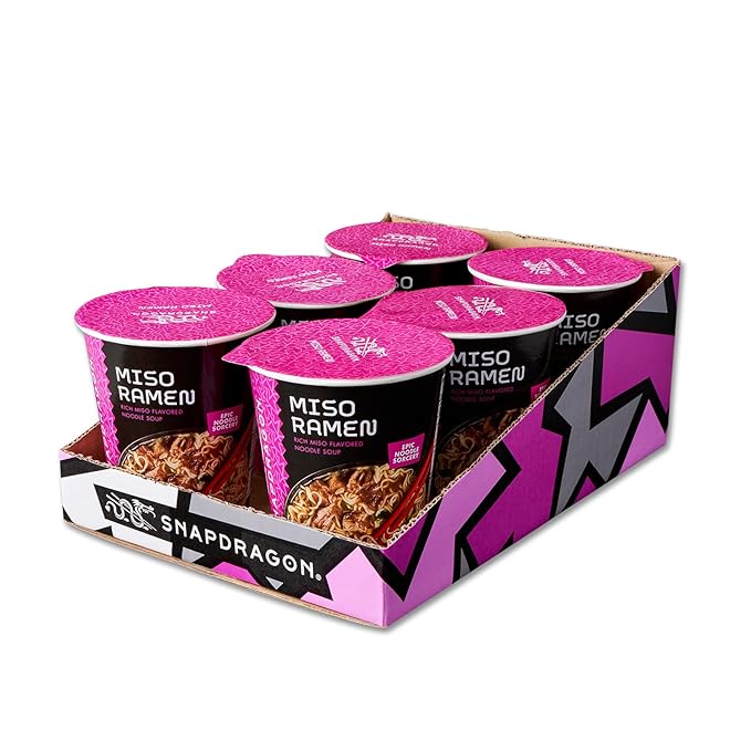 Snapdragon Miso Ramen Cup Noodles - 6 Pack Instant Ramen Bowl with Authentic Wheat Noodles, Soup Sauce Base, Vege Pack and Flavoring Chili Oil. Microwave or Hot Water, Easy Meal Prep