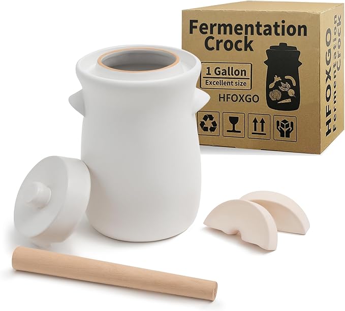 Fermentation Crock 3.8Liter/1 Gallon Stoneware Pot for Fermenting, Pickling Kimchi, Pickles, Vegetables, Kombucha - Glazed Fermenter with Stone Weights, Lid & Pickle Tamper-White Crock