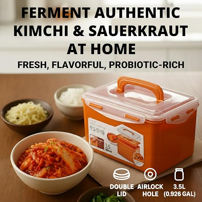 Probiotic Kimchi & Sauerkraut Container for Fresh Fermentation | Airtight Food Storage with Inner Vacuum Lid, (3.5 L) (0.92gal)