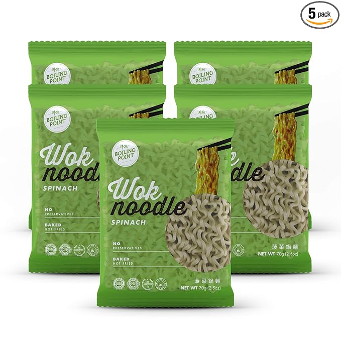 BOILING POINT Wok Noodle Package, Healthy Asian Ramen, No Preservatives, Non-Fried Instant Noodles, Stir Fry, Set Includes Spinach BP Wok Noodles, 2.1 oz.(Pack of 5)