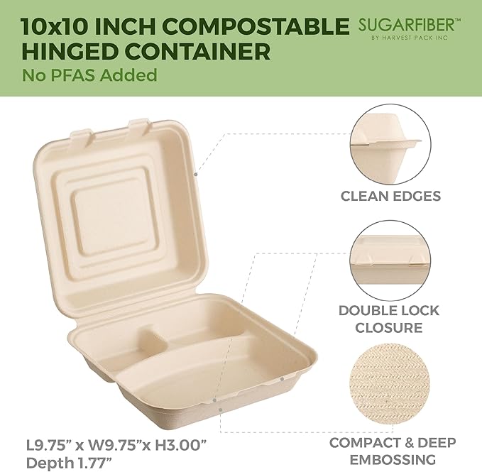 [200 COUNT]Harvest Pack PFAS FREE 10 X 10" 3 Compartment Compostable Clamshell Food Containers, Heavy-Duty Hinged Container, Disposable Bagasse Eco-Friendly Sugarcane togo Box for dinner