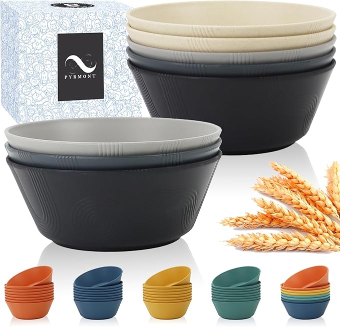 PYRMONT Large Salad Bowl 36 OZ Wheat Straw Bowls Set of 8 Alternative Plastic Bowls Dishwasher & Microwave Safe Large Serving Bowl for Party Unbreakable Soup Bowls for Camping Kitchen Bowls-Grey Stone