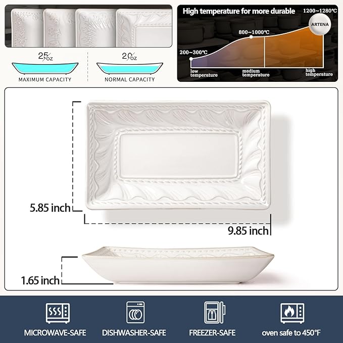 Artena 9.85" Ceramic Rectangle Plates Set of 4 - Deep Lipped Edges, Appetizer Salad Sushi Pasta Dessert Plates, Microwave/Oven Safe, Cute Kitchen Dinner Restaurant Serving Dishes (Willow Leaf)
