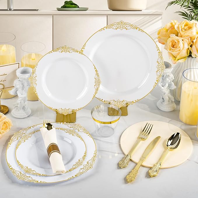 Bestluck 350PCS Gold Plastic Plates for 50 Guests, Disposable Dinnerware Sets Include 100 Gold Rim Plastic Plates, 50 Silverwares, 50 Cups, and 50 Pre Rolled Napkins for Party, Wedding, Graduation