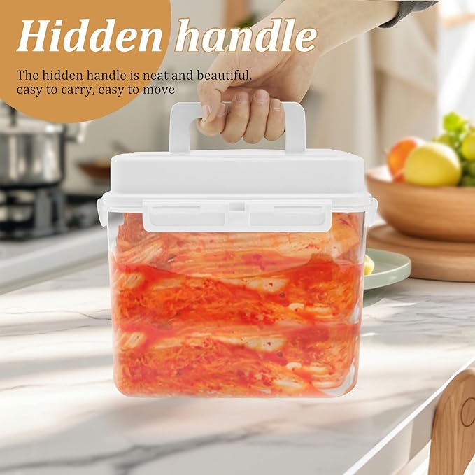 Press Plate Leakproof Airtight Pickle Kimchi Container, Press Plastic Fermentation Container, 5L Food Storage Box w Hidden Handle, Portable Mason Jar, Clear Sauerkraut Press Container for Home Kitchen