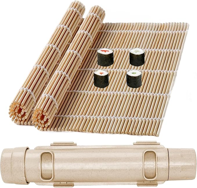 Sushi Making Kit with 2 Bamboo Rolling Mats & Sushi Bazooka, Better Than Single Mats or Molds, Food-Grade, Beginner Friendly Set for Perfect Homemade Maki Rolls