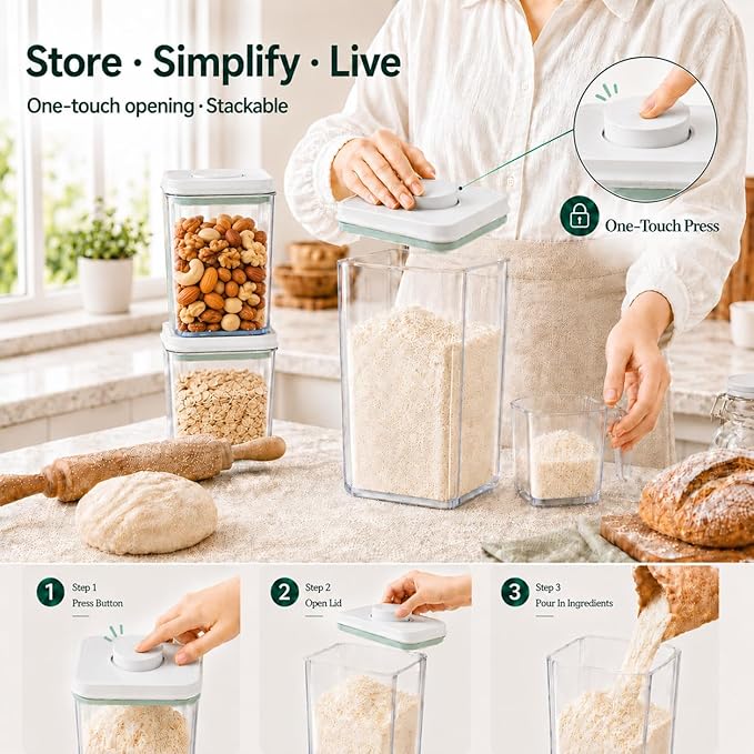 POP Airtight Flour-Rice Food-Storage Container - 4L/4.2Qt Jar with Lid(2Pc) and 3.3Oz Scoop(2Pc) | BPA-Free | Perfect for Storing Grains, pasta, Snacks | Stackable and Durable