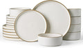 Famiware Nebula Plates and Bowls Sets, 18 Pieces Stoneware Dinnerware Sets, Reactive Glaze Dish Set, Dishes Set for 6, Matte Beige White with Brown Rim