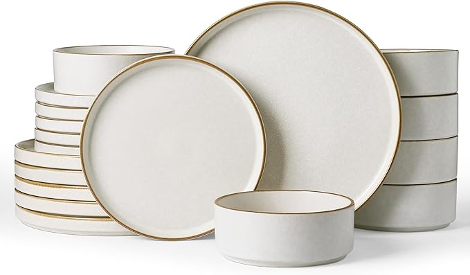 Famiware Nebula Plates and Bowls Sets, 18 Pieces Stoneware Dinnerware Sets, Reactive Glaze Dish Set, Dishes Set for 6, Matte Beige White with Brown Rim