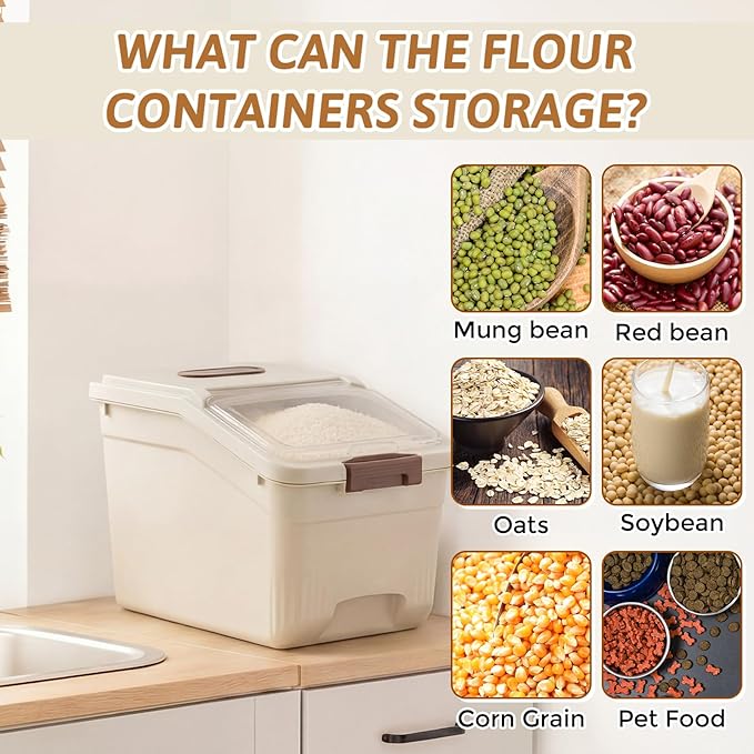 Blushtier 4 Pack Large Rice Storage Containers 30 Lbs Airtight Flour Container with Seal Locking Lid and Measuring Cup Kitchen Dry Food Storage Bins for Cereal Sugar Beans(Butter Yellow)