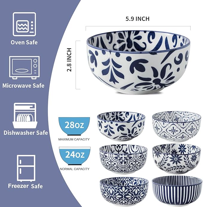Cereal Bowls, 28 Ounce Ceramic Soup Bowls Set of 6, Bowl Set for Rice Salad Fruit Dessert Oatmeal Snack Ice Cream,Microwave & Dishwasher Safe, Bohemian Blue & White
