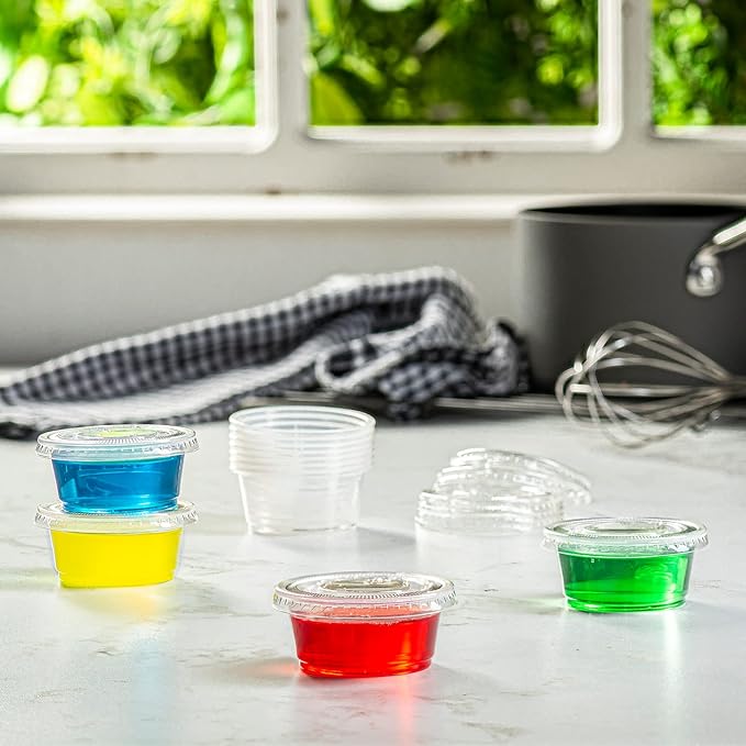 GUSTO 2 oz Jello Shot Cups with Lids [200 Count] Clear Plastic Portion Containers, Condiment Cups for Sauces, Dressings & Samples – Durable, Stackable, Leak-Resistant (Formerly Comfy Package)