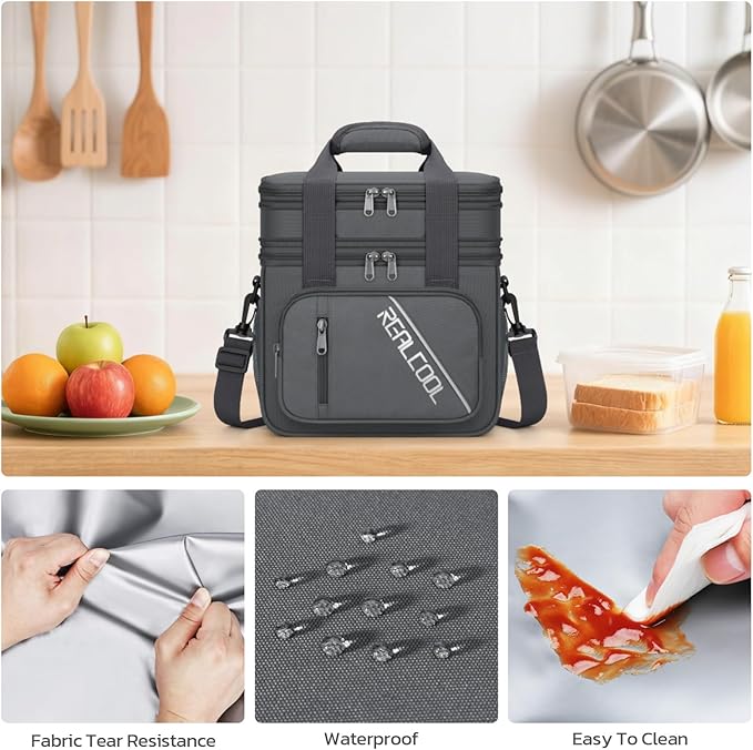 RealCool Lunch Bag, Insulated Lunch Box for Men Women, Double Deck Leakproof Soft Cooler Bag with Adjustable Strap, Reusable Lunchbox for Work, Travel, Camping (Grey)