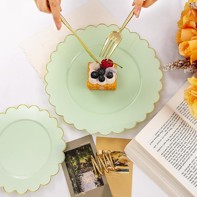 LIYH 60 Pcs Light Green Plastic Plates with Gold Edges, Disposable Sage Green and Gold Plastic Plates Includes 30 Dinner Plate 10.25 Inch and 30 Dessert Plate 7.5 Inch for Birthday Party