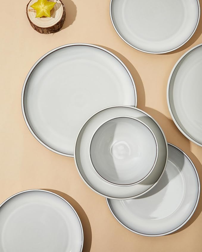 Pokini 10 Inch Ceramic Plates, White Dinner Plate Set for Dessert Pizza Steak, Terracotta Kitchen Stoneware Serving Dishes Set, Dishwasher & Microwave Safe, Scratch Resistant