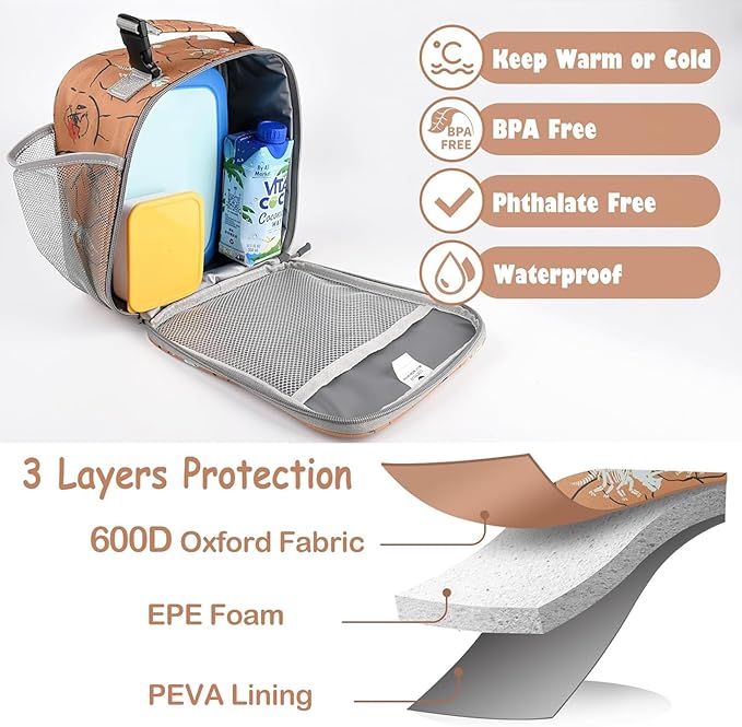 CaCTOUR Lunch Box Kids,Premium Insulated Lunch Bag for Girls Boys,Soft Bag Mini Cooler Back to School Thermal Reusable Lunch Bag for Work School Picnic （Brown Dino