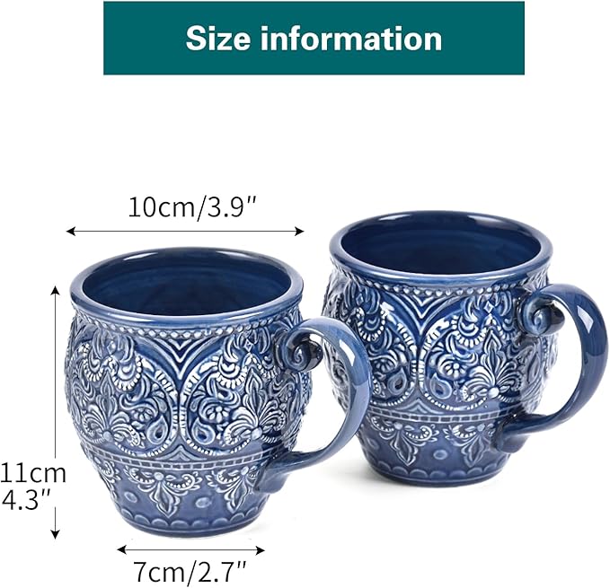 Sungmor Embossed Stoneware Fine Dining Dinnerware, Antique Baroque Style Porcelain Coffee Mugs Set of 2, 18oz Large Water Cups with Handles, Sophisticated Rustic Ceramic Mugs for Tea, Milk or Beer