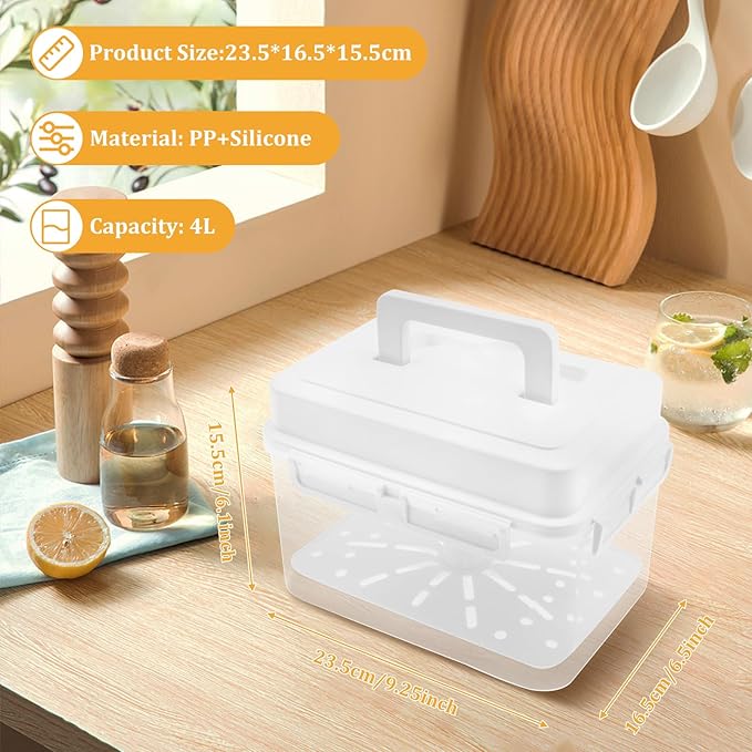 Press Plate Leakproof Airtight Pickle Kimchi Container, Press Plastic Fermentation Container, 4L Food Storage Box w Hidden Handle, Portable Mason Jar, Clear Sauerkraut Press Container for Home Kitchen