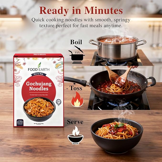 Food Earth Gochujang Noodles 250g | Korean Spicy Stir Fry Noodles | Quick Cook Non-Sticky Noodles for Wok, Chow Mein & Lo Mein | Authentic Flavor | Easy Meal Kit – 250g Pack