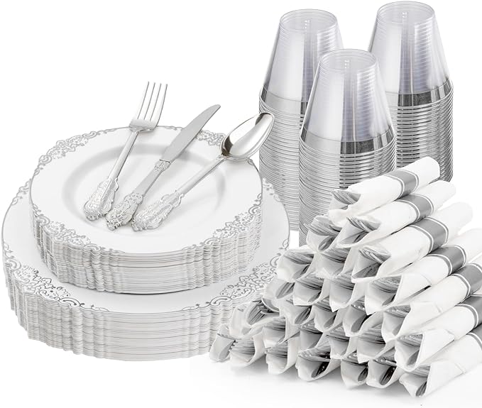 Bestluck 175PCS White and Silver Plastic Plates for 25 Guests, Disposable Dinnerware Sets Include 50 Plastic Plates, 25 Silverwares, 25 Cups, and 25 Pre Rolled Napkins for Party, Graduation