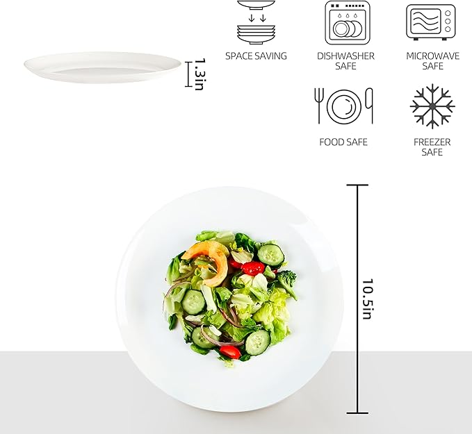 Dinner Plates Set of 12, 10-1/2 inch Glass Salad Plate Set Scratch Resistant, Kitchen White Plates for Serving Dishes, Microwave and Dishwasher Safe
