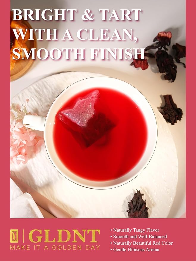 GLDNT Organic Hibiscus Tea Bags, Caffeine Free, Natural Flowers, Refreshing Tart Flavor, 100 Count